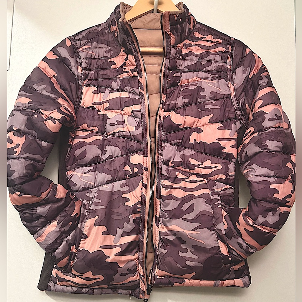 Reversible Pink Grey Cameo Puffer Jacket